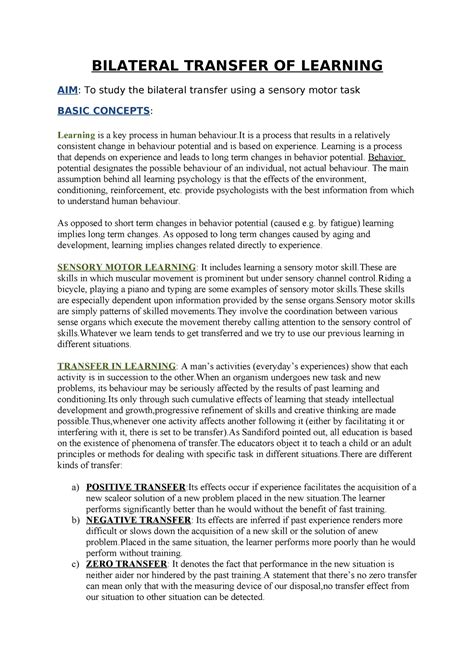 Bilateral transfer of learning ( practical) .